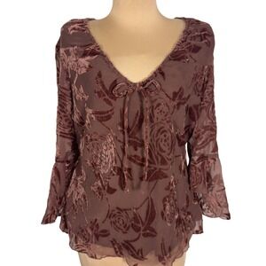 Vtg Y2K Anne Carson Brown Velvet Burnout Chiffon Top M Boho Romantic Bell Sleeve